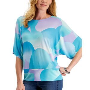 Jm Collection Womens Printed Short-Sleeve Top, MultiColor, Size Large lPzq
